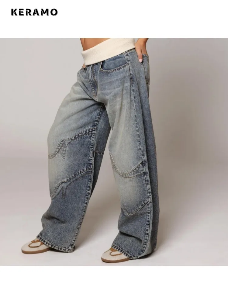 Women's Casual Elastic Waist Retro Denim Trouser Safari Style Baggy Emo Jeans 2025 Winter Blue Y2K 2000s Full Length Pants