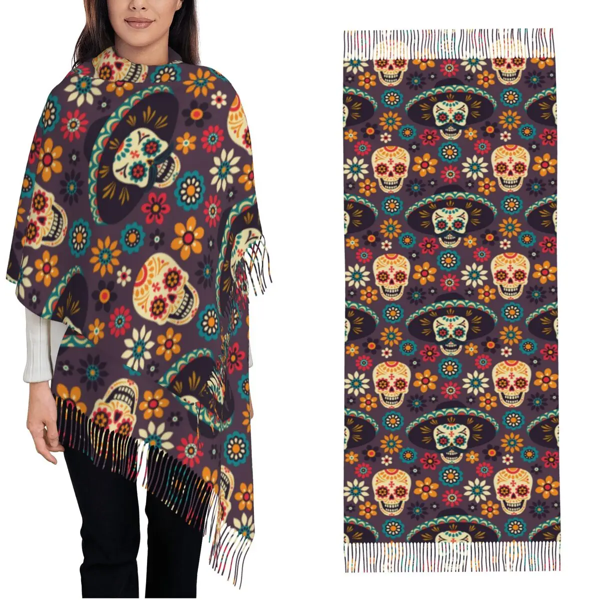 Day Of The Dead Sugar Skulls Flowers Shawls Wraps Women Warm Large Soft Scarf Calavera Pashminas Shawl Scarves