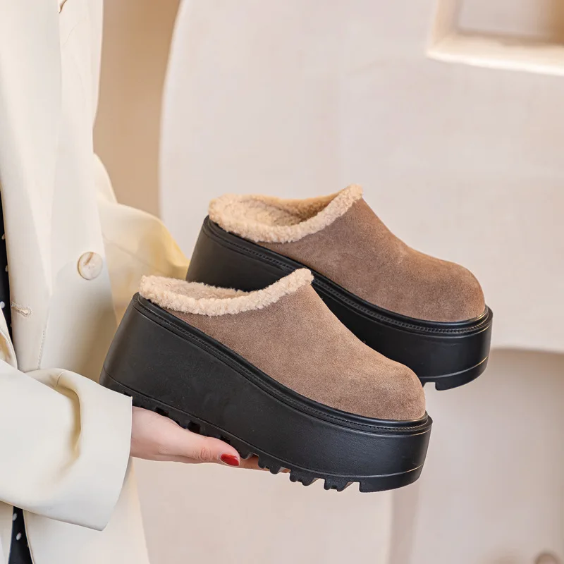 

Cover Toe Shoes Woman 2025 House Slippers Vintage Women's Frosted Soft Leather Slippers Thick Sole Petite Height Velvet Slippers