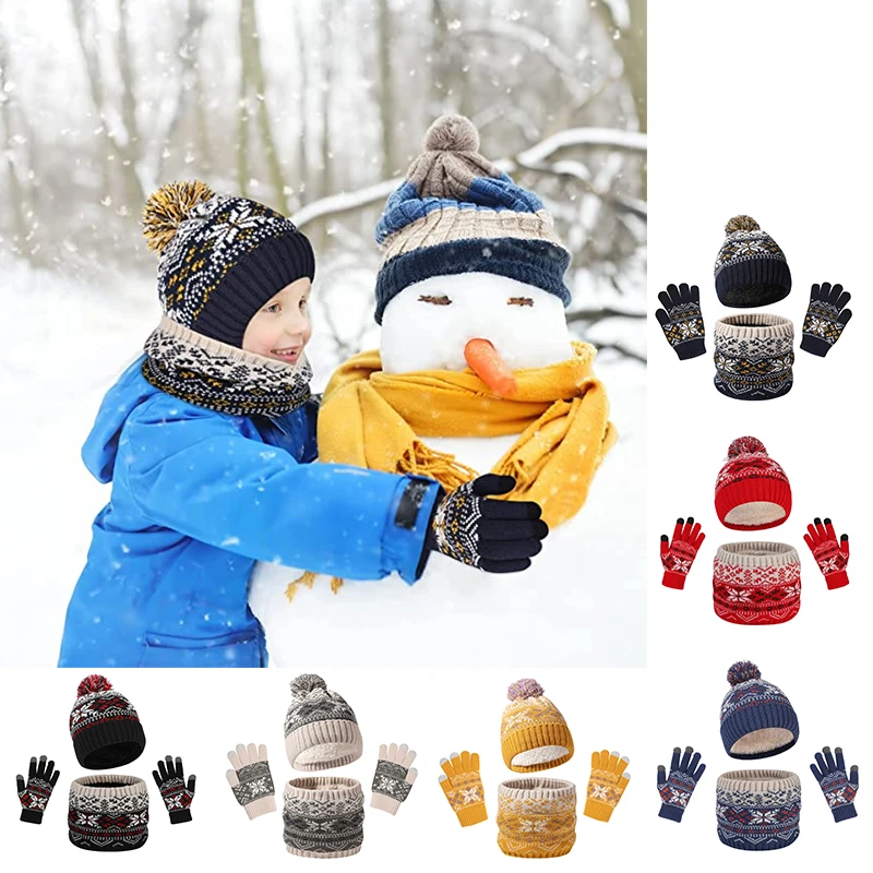 Adorable Kids' Winter Set - Snowflake Knit Hat, Fleece Scarf & Warm Gloves, 3-Piece Set For Cozy Comfort In Cold Weather