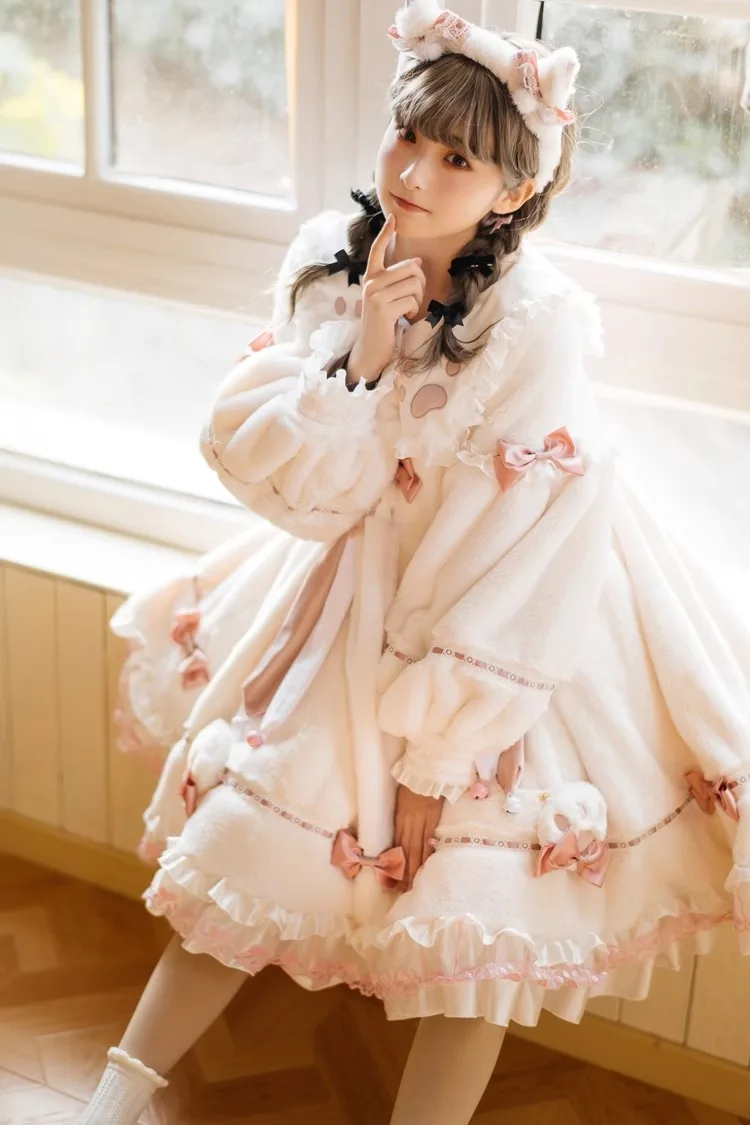 New Lolita Cute Plush Princess Dress Winter Kitten Long sleeve thick OP dress