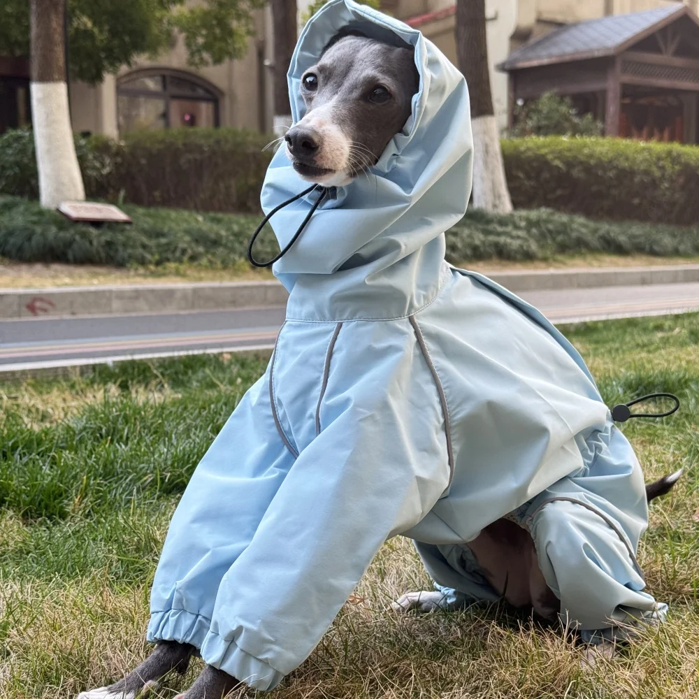 Frühling Sommer Blauer Regenmantel für Italienische Windhunde Winddichte Wasserdichte Jacke mit Rotem Reißverschluss für Whippets Reflektierender Streifenmantel – Detail 4