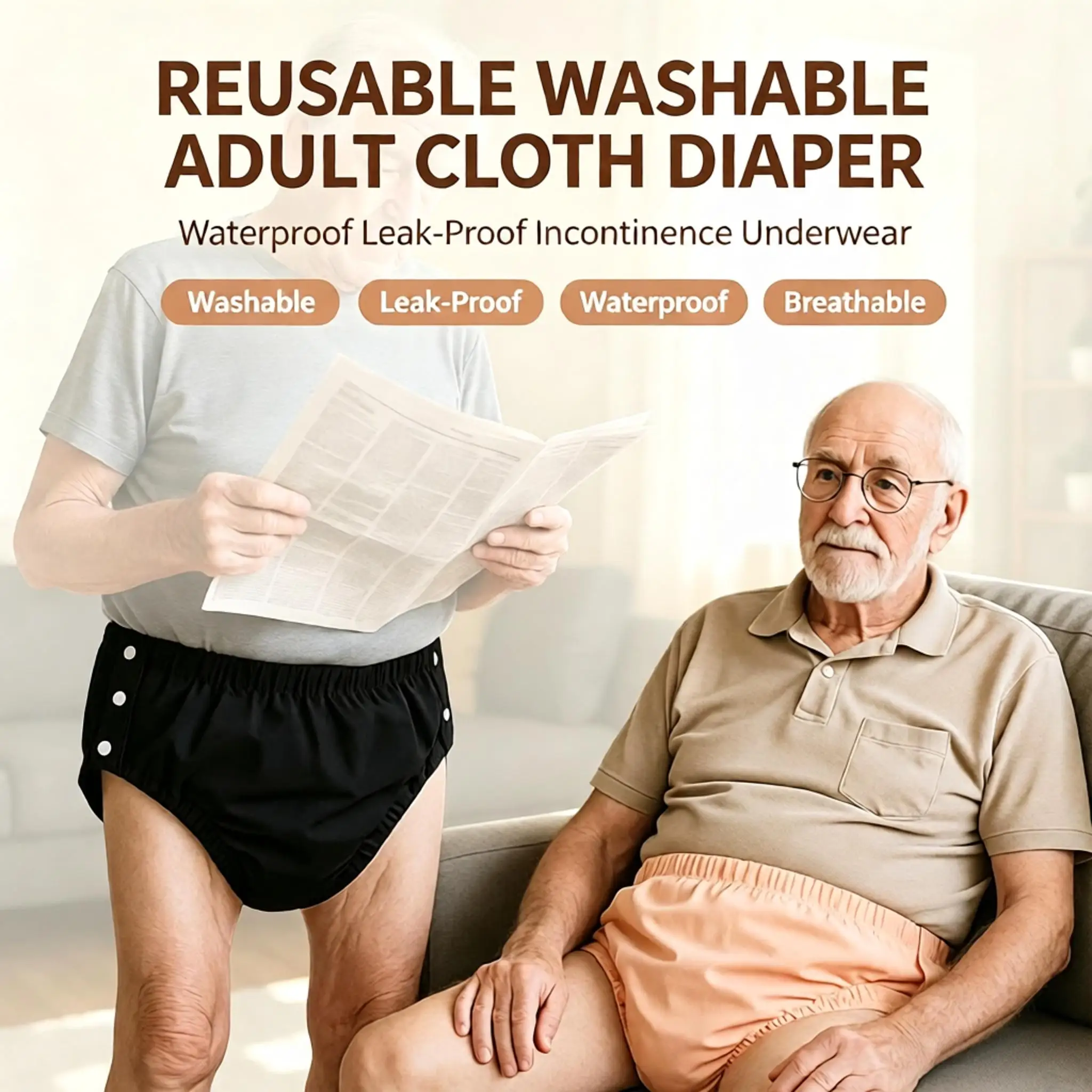 Washable Reusable Adult Incontinence Cloth Diaper Dual Leak Protection Side Opening Waterproof Breathable For Bedridden Elderly