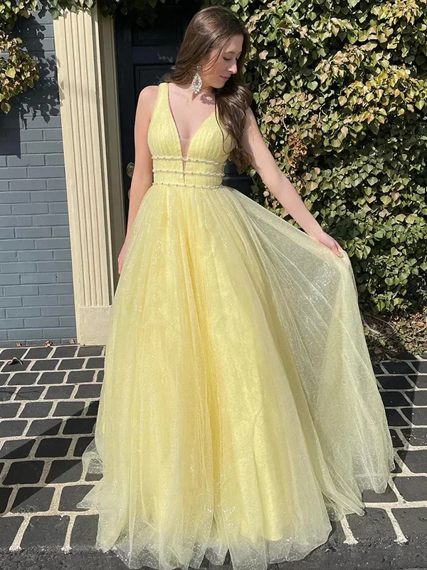 

Yellow Glitter Tulle Prom Dresses For Women Cheap Backless Long Evening Gowns Speical Occason Party Gowns 2023 فساتين الحفلات