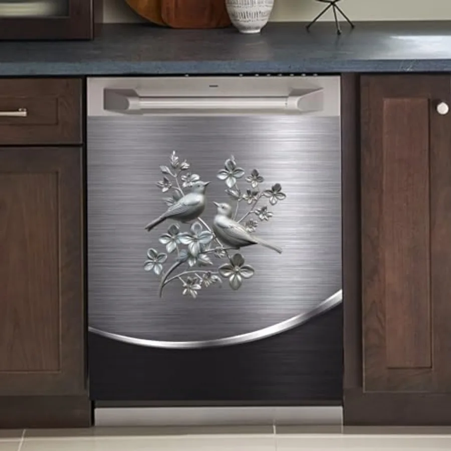 

Grey Metal Silver Pattern Dishwasher Cover Sheet Magnetic Bird Flower Polishing Steelbird Dishwasher Skin Decor Silver Texture