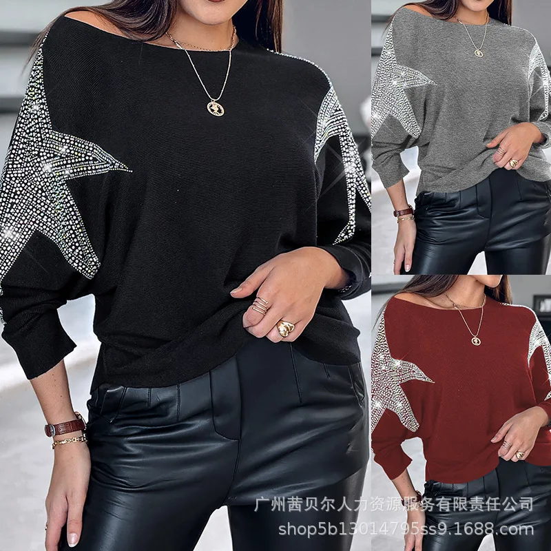 Pullover Knit Sweaters Crewneck Batwing Sleeve Rhinestone Star Pattern Top Women Long Sleeve Autumn Winter Sweatshirt