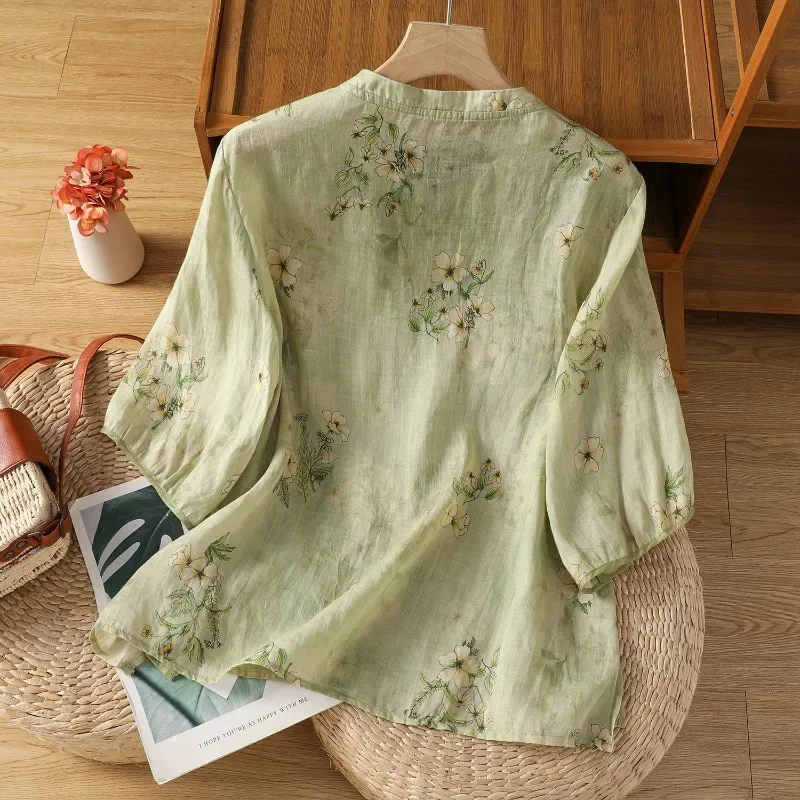 Chemisier de Style chinois pour femmes, chemises Vintage brodées, mode, vêtements d'été amples, manches courtes, en coton et lin, hauts pour femmes