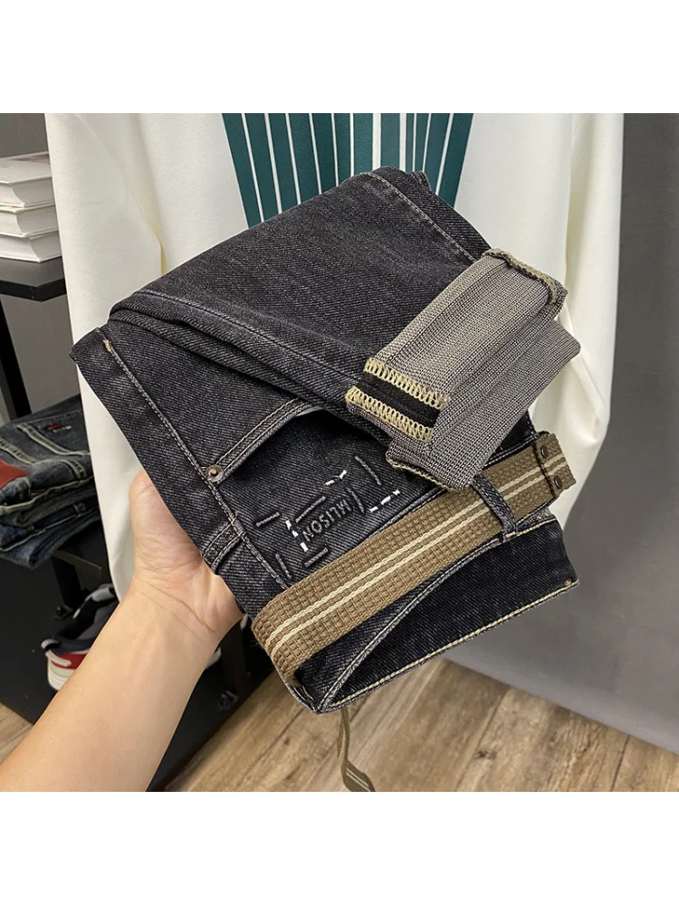 Осень 2023, новые мужские джинсы, модные микро-свободные уличные ракальные красивые эластичные брюки на маленькой ноге