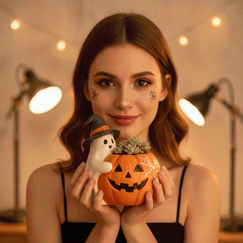 Orange Ghost Pumpkin Pen Holder Compact Molded Spooky Pencil Cup Flat-Base Exquisite Resin Desktop Organizer Students