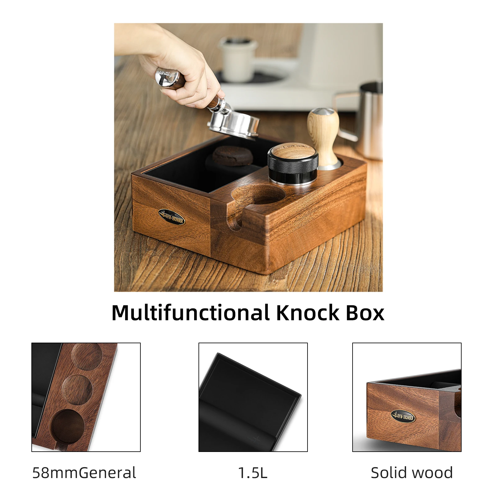 MHW-3BOMBER 4 In 1 Espresso Knock Box Vintage Tamping Stand Wooden Base & Anti-slip Silicone Coffee Distributor & Tamper Holder