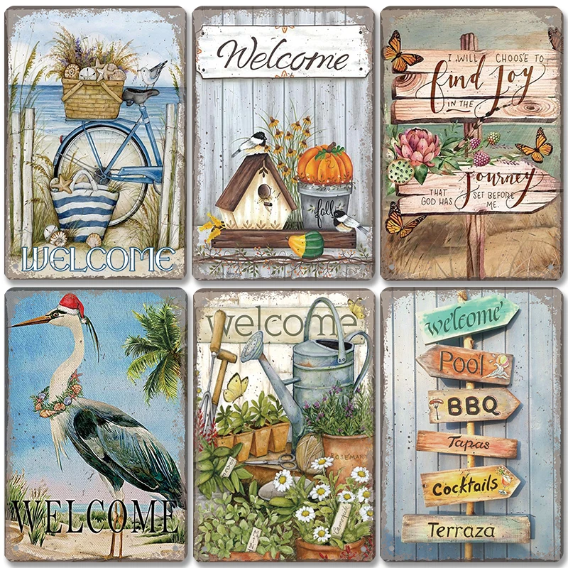 Vintage Welcome Poster Metal Tin Signs Flowers Birds Car Metal Plaque Wall Decor for Cafe Home Garden Farm Beach Hut