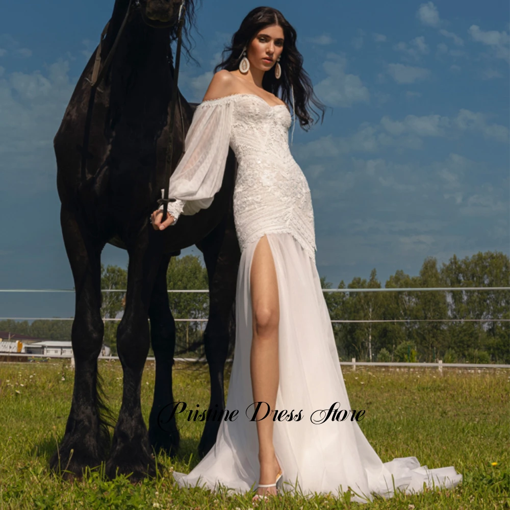 البوهيمي قبالة الكتف فستان الزفاف الحبيب للعرائس يزين الدانتيل غمد الجانب الشق تول زي العرائس حسب الطلب