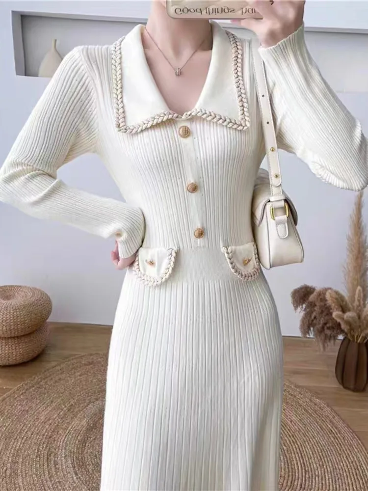 Moda donna inverno autunno lavoro A maglia Midi Long A Line abiti colletto con risvolto bottone Decor maglieria abiti Slim abiti abbigliamento