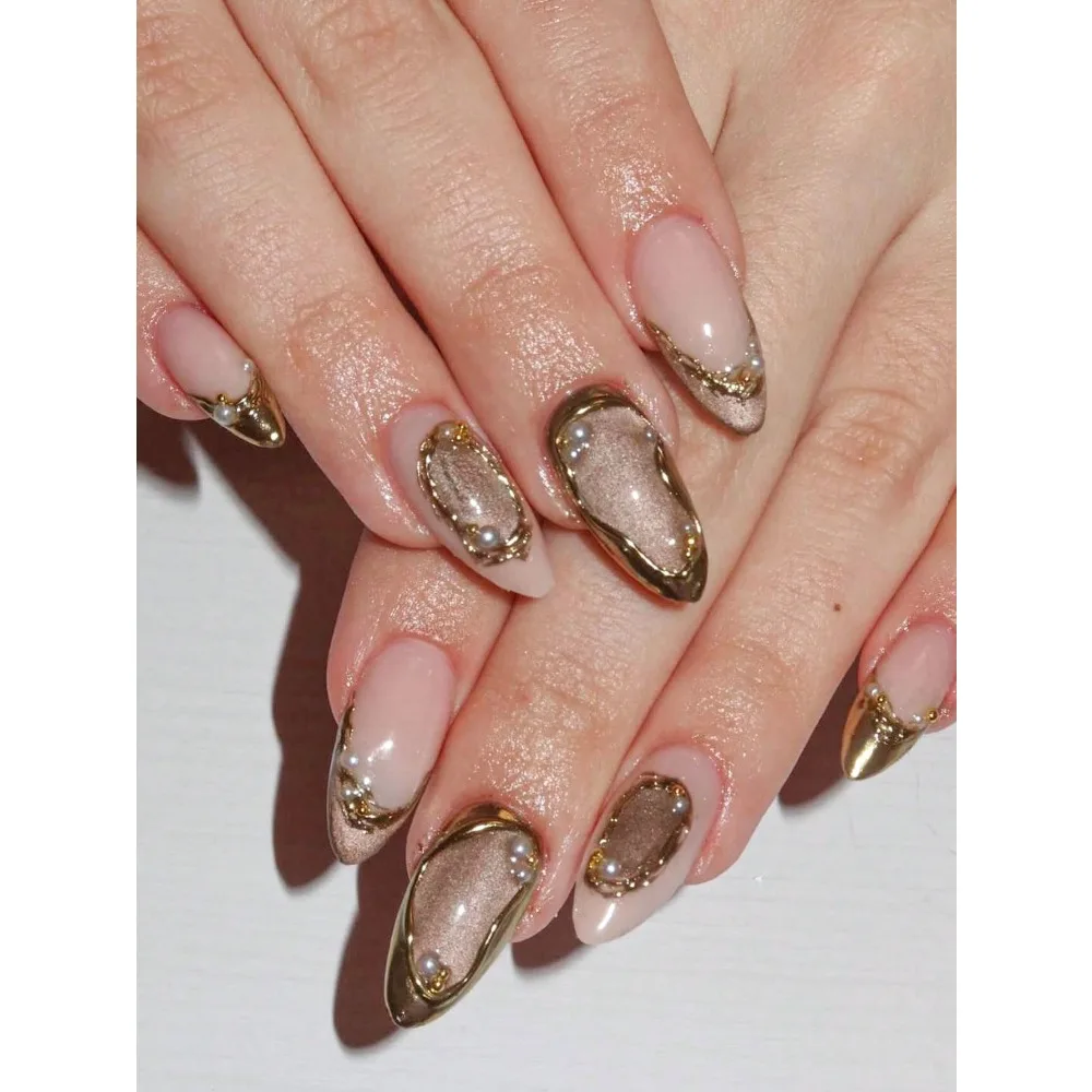 

10pcs Handmade Press-On Nails, Short Nails, False Nails, French Nail Tips, Almond Shape Nails, Shimmery Green Cat Eye Nails, Nude Nails, Nature-Inspired Nails, Spring Nails, Hand-Painted Leaves & Starburst Design With Gold Trim & Green Rhinestone Decor, I