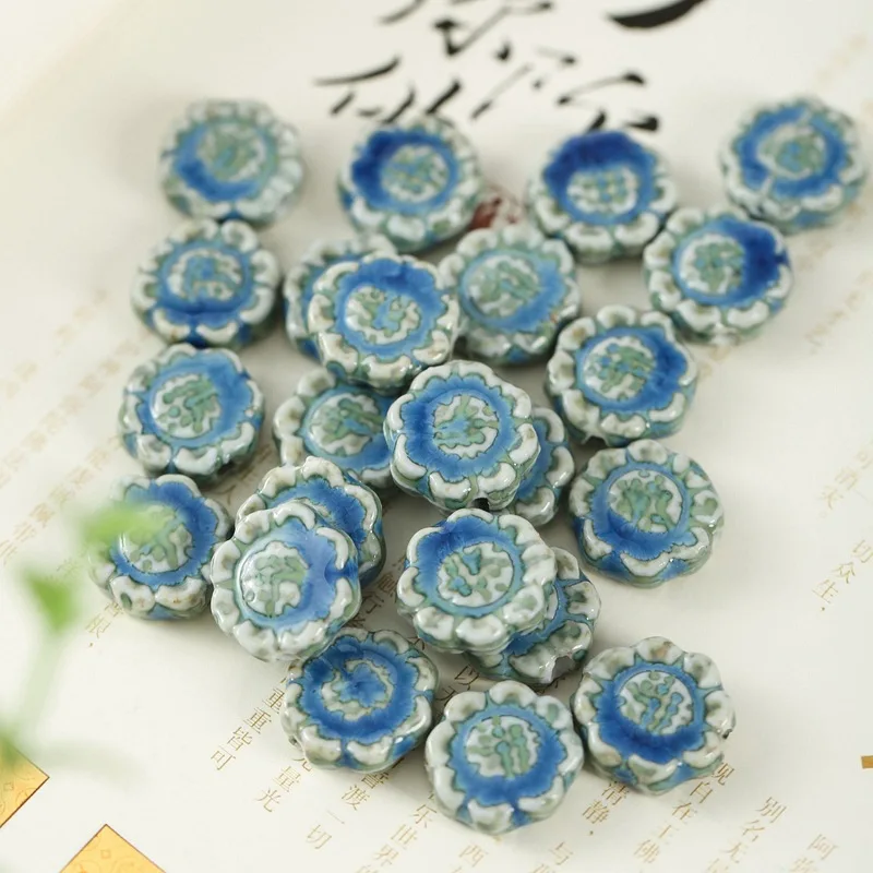 

10pieces blue/red ceramic carved flower 16-17mm for DIY loose beads FPPJ wholesale nature