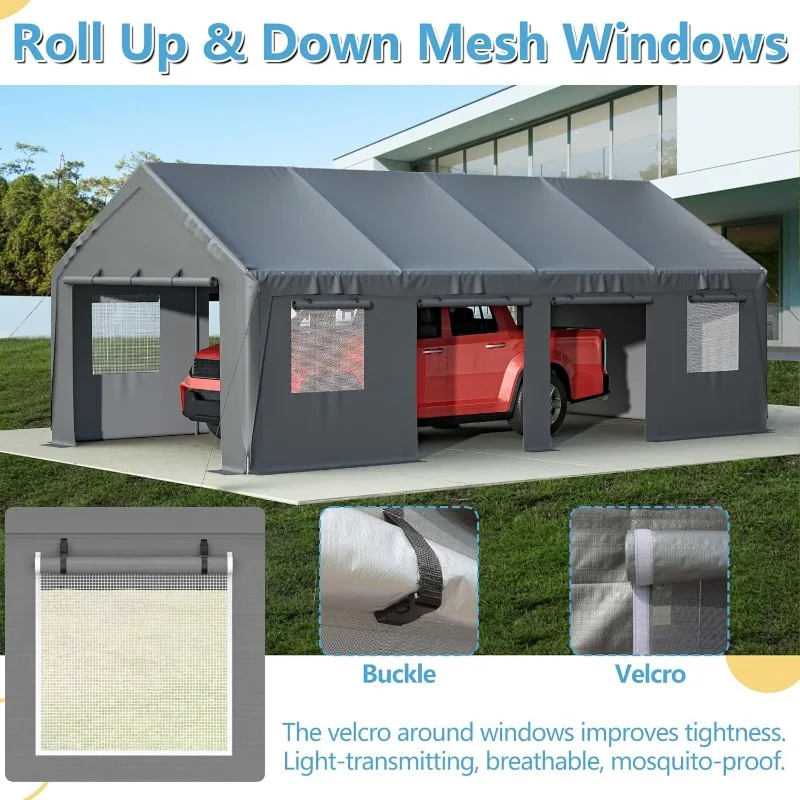 Carport 13'x25'x10' شديد التحمل مع جدار جانبي قابل للطي ونوافذ جيدة التهوية، مرآب خارجي محمول للسيارة، سيارات الدفع الرباعي، القارب، رمادي #3
