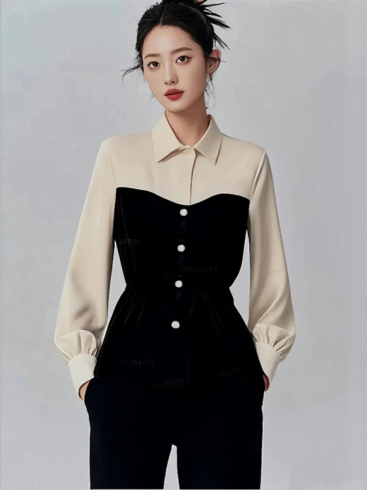 

Color Blo Collar irt Women's Spring Design Sense High End Sense Temperament Inner Wear irt Top Long Sve Collar