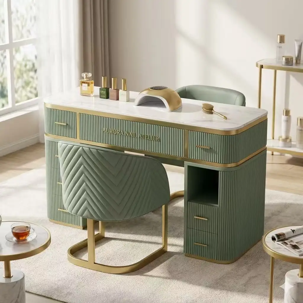 Modern Light Luxury Manicure Table Marble Top Dust Collector Gold Edge Nail Station Technician Chair For High-end Beauty Mall