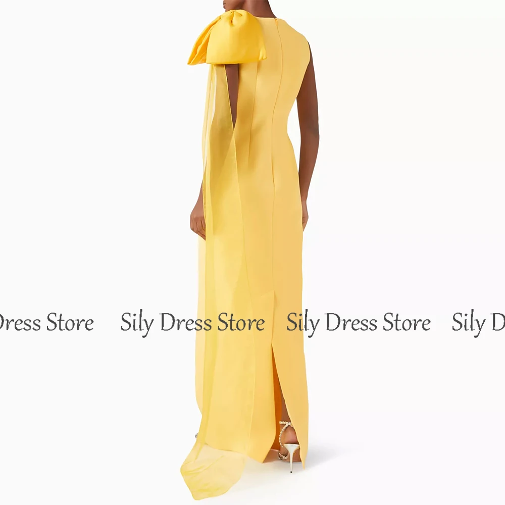 Chic Prom Dresses for Ladies Jersey Sheath/Column Formal Evening Dress Yellow O-Neck Bow Draped Split Bespoke Occasion Gown Long image 2