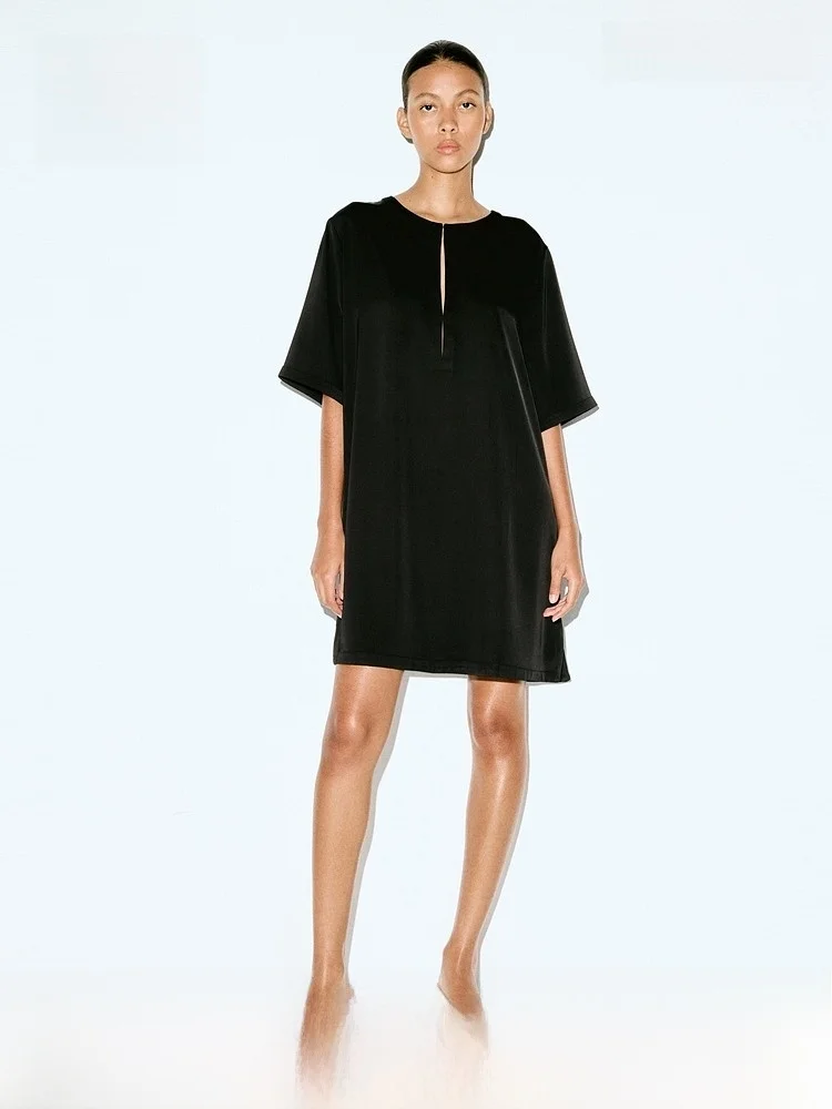 

H&M Spring New Women's Straight Tube Dr Casual Sle Polyester Fiber ort Skirt round Ne Pure Color Spring Summer