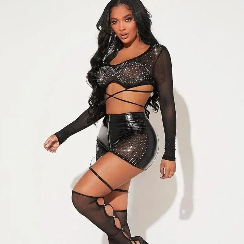 Black Sheer Mesh Birthday Outfits for Women 2 Piece Set Night Club Rhinestones Crop Top and Shorts Rave Outfit Conjuntos Curtos