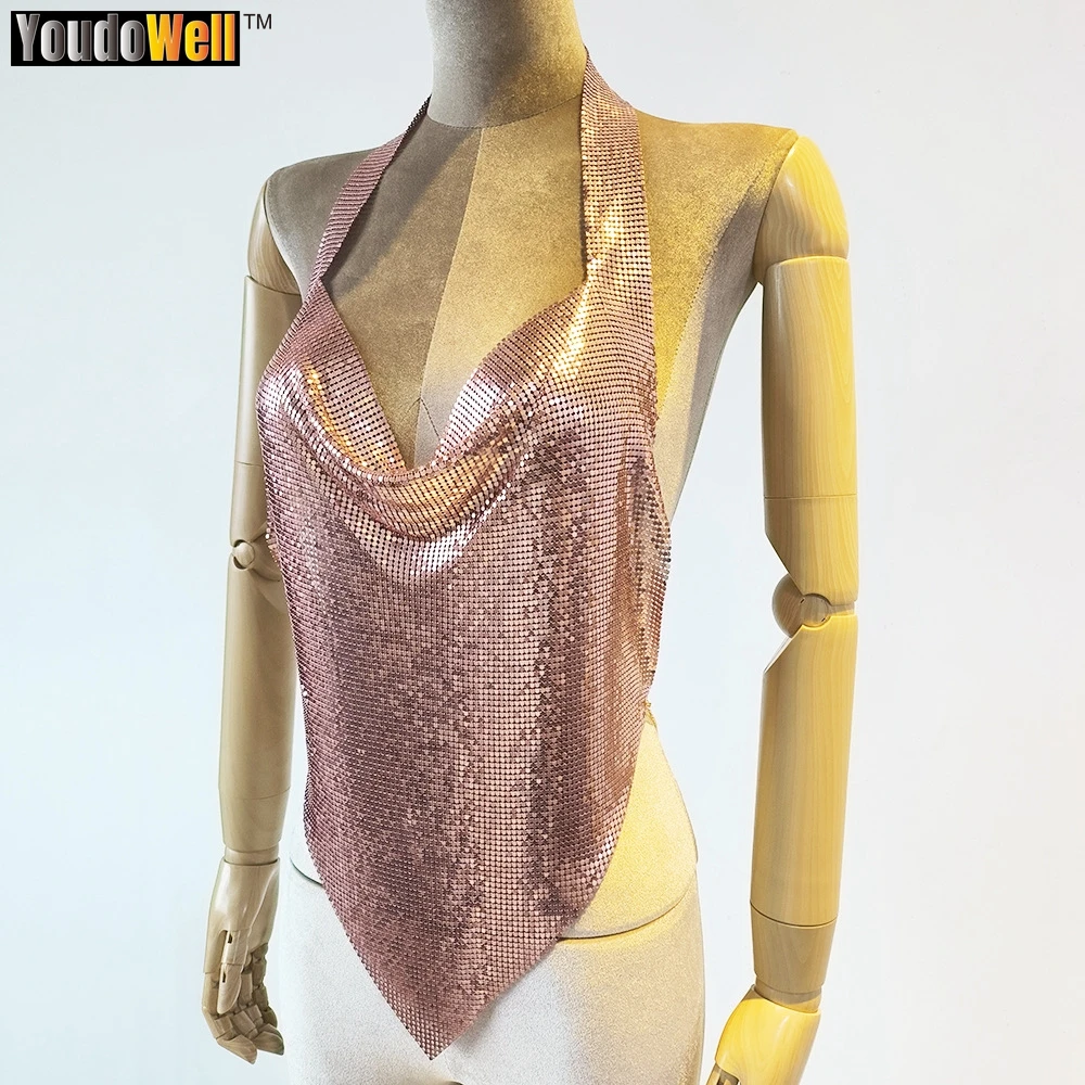 Pink Sequin Backless Metallic Vest, Fashionable and Elegant Suspender, Shoulder Top, Summer Fashion, 2023