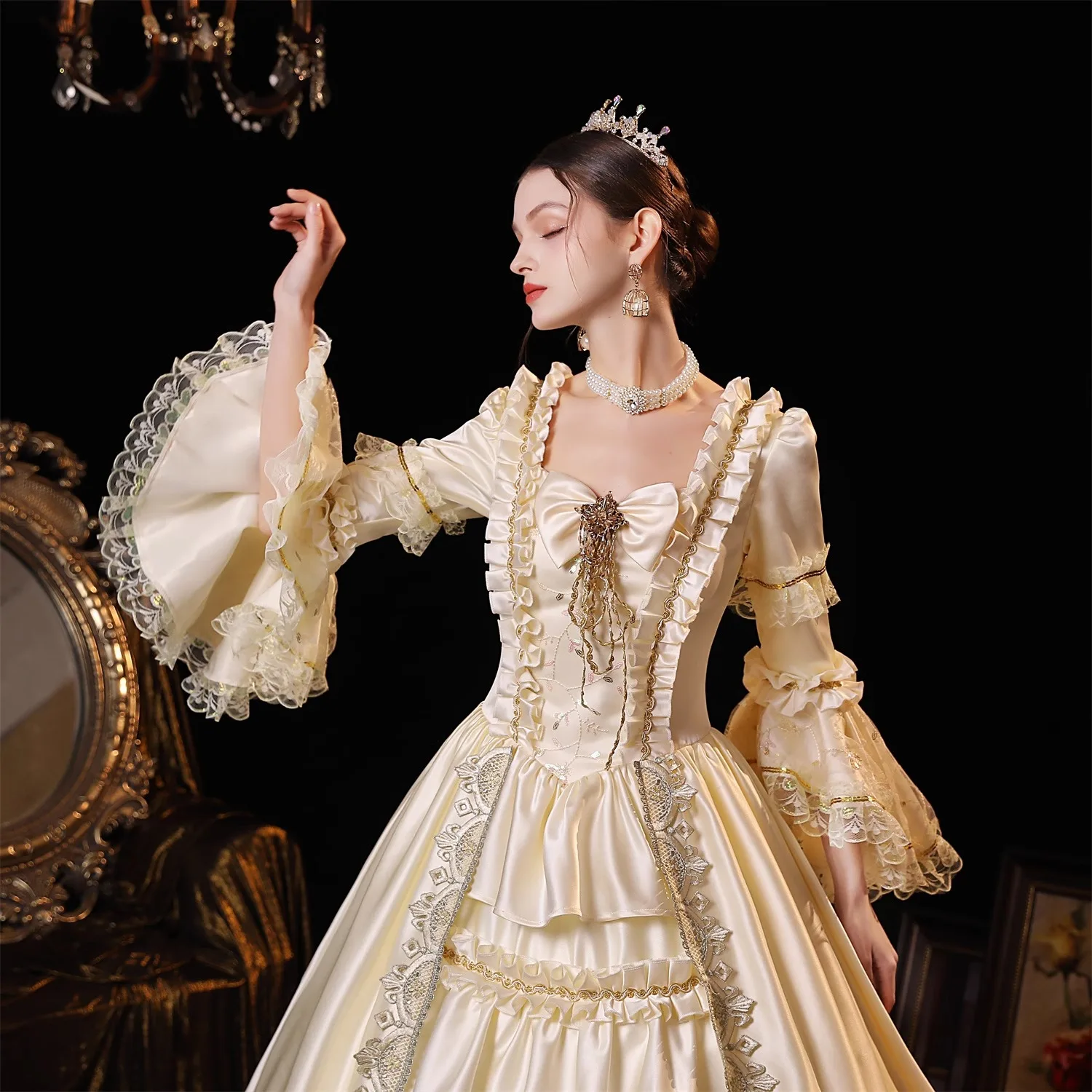 샴페인 유럽 코트 의상 드라마 생일 파티 무대 드라마 빈티지 합창 공연 드레스 Robes De Soirée Haute Qualité