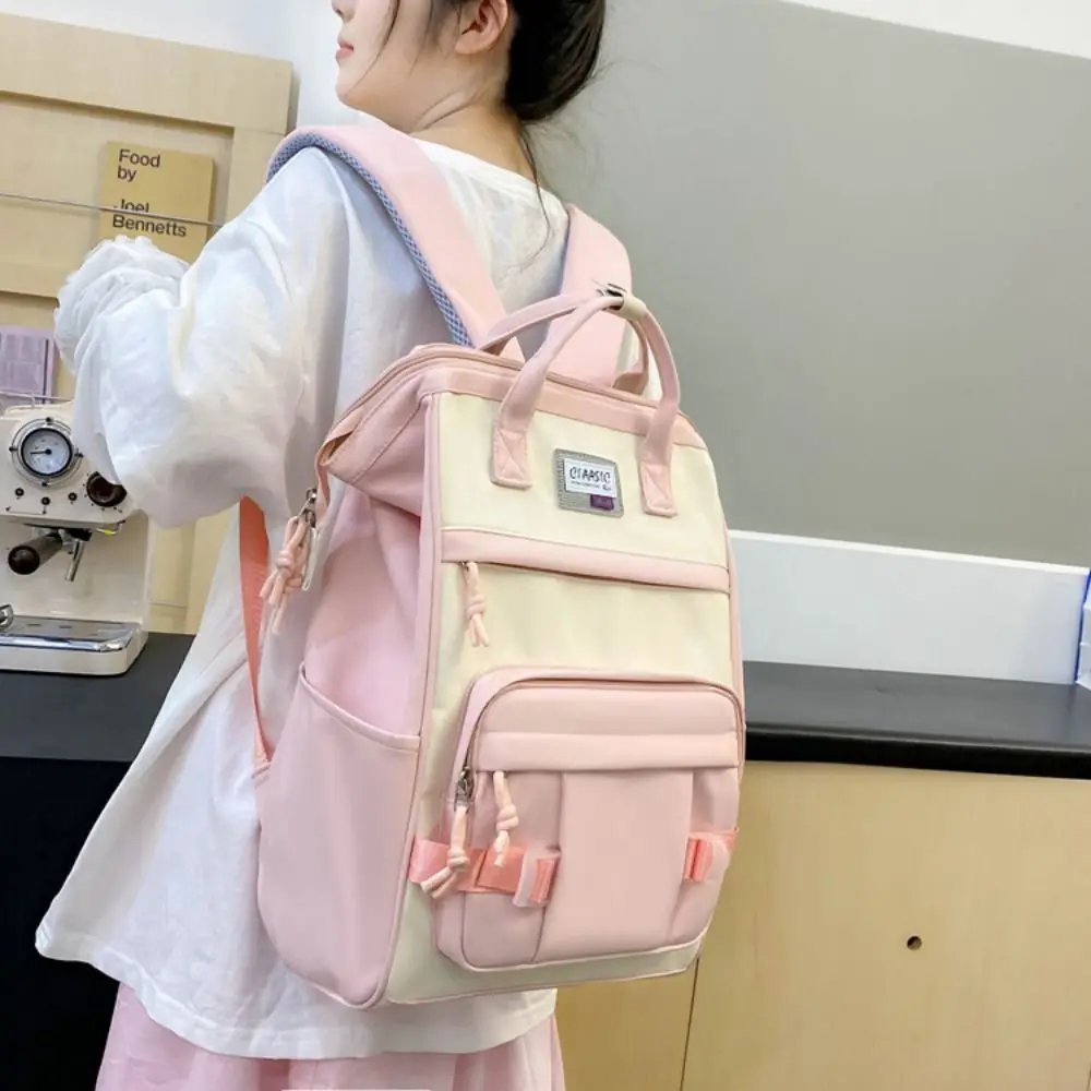 

Регулируемый рюкзак большой емкости с защитой от брызг воды контрастного цвета, повседневный нейлоновый рюкзак, мягкая женская школьная сумка в корейском стиле