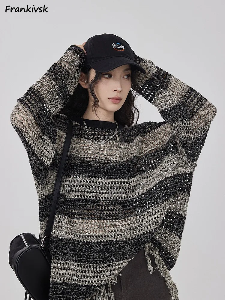 Tassel Striped Sweaters Women Vintage Slouchy Hollow Out Casual Long Sleeve Loose Hip Hop Autumn O-neck Knitted Stylish Hipster