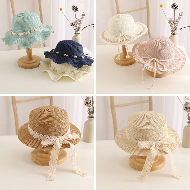 Summer Children's Straw Hats Lace Bow Breathable Sun Hat Baby Girls Beach Sun Hat Kids Princess Travel Sunshade Hat Gorras