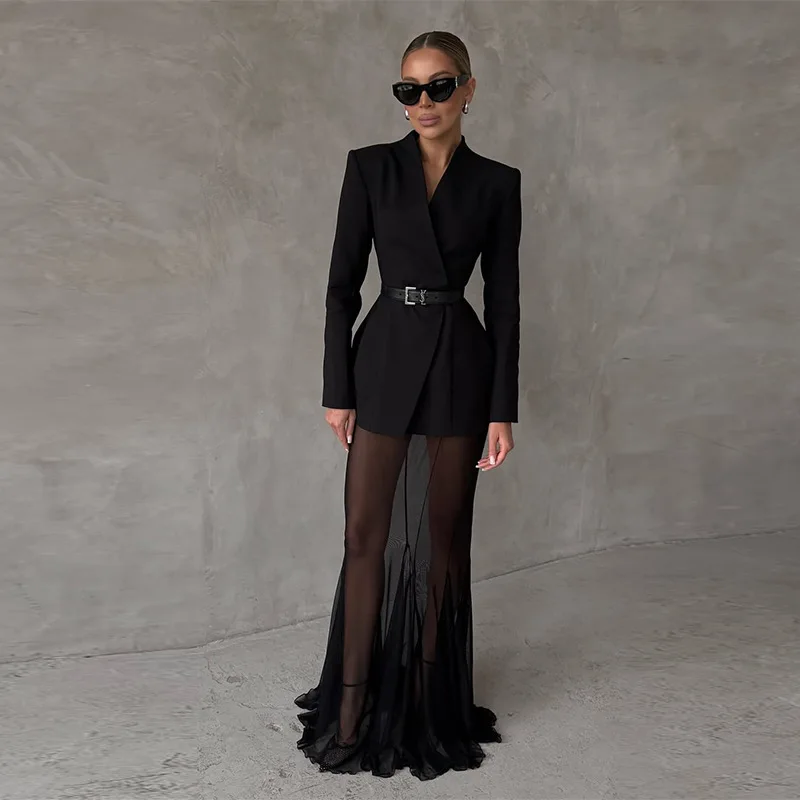 2026 Women's New Solid Color V Neck Blazer And Tulle Maxi Skirt Two Piece Set Elegant Commute Slim Fit Versatile Casual Outfit