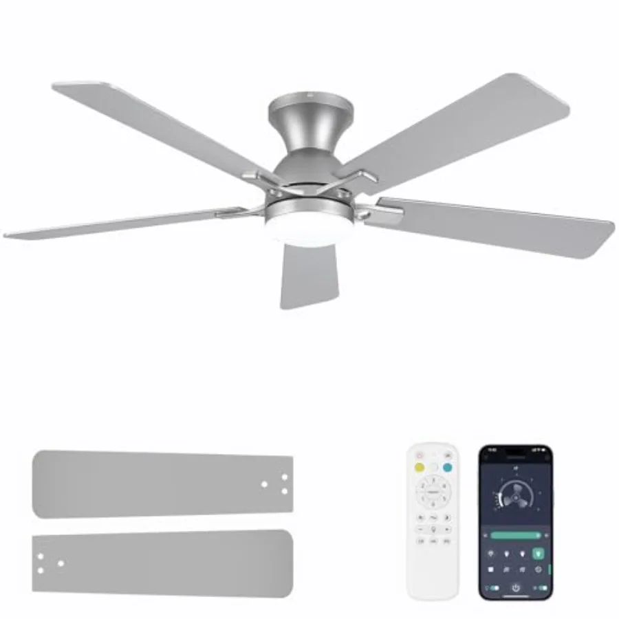 Bedroom and living room ceiling fan with light, nickel-finished metal, 52-inch low-profile flush mount, reversible quiet operat