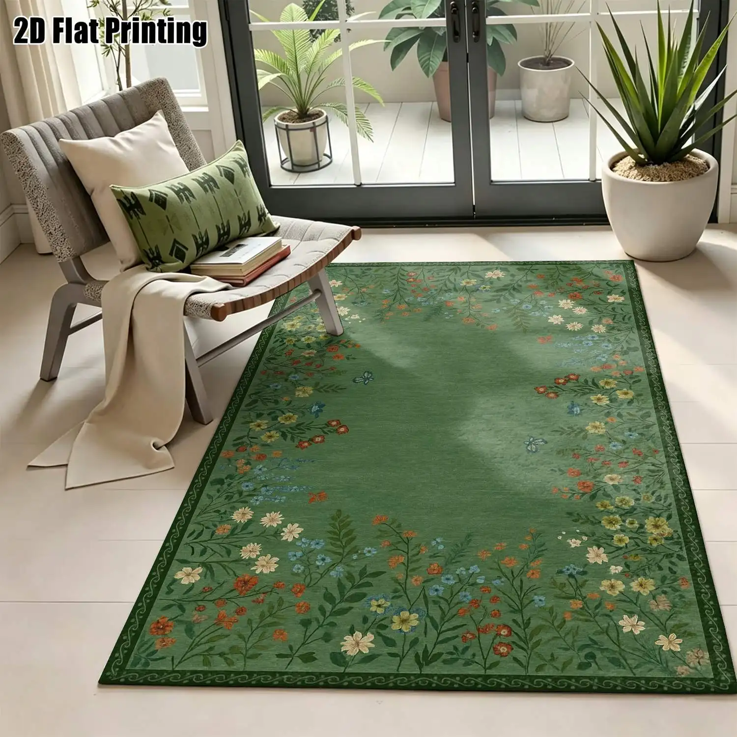 1Pc 2D Printed Carpet: Green Base, Pink-Yellow Floral Leaf Patterns Retro/European/Bohemian Style, Home Decor, Multi-Size, Machine Washable. For Entrance, Dining Room, Foyer, Bedroom, Living Room.