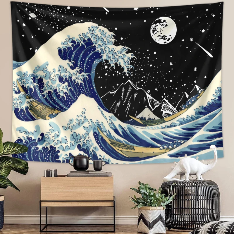 1PC Ocean Wave, Starry Sky, Moon tapestry, Ukiyo-e Retro Surfing tapestry, Bedroom, Living Room, Home Decoration Wall Hanging