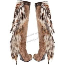 Knee High Mixed Color Flock Feather Rivet Decor Boots Thin High Heel Women Shoes Slip-On Round Toe 2023 Sexy Zapatos Para Mujere