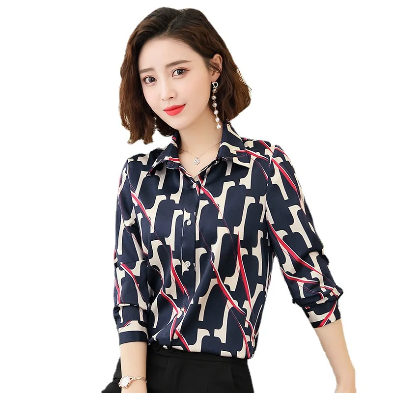 Birdtree-camisa elegante de seda auténtica para mujer, blusas estampadas de manga larga con solapa, a la moda, para primavera y otoño, T3D993QM, 91.8%