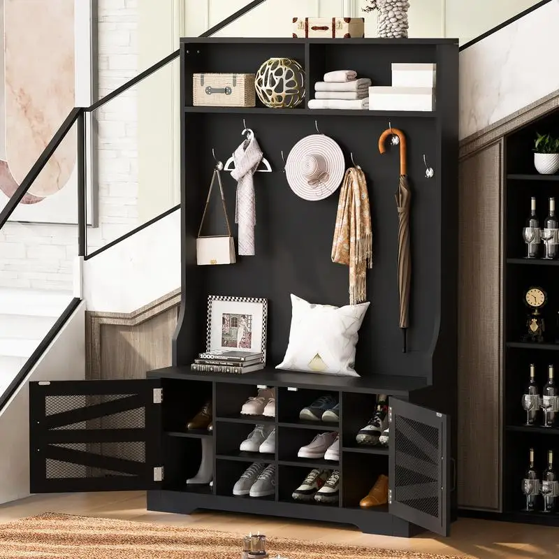 

43.3" Entryway Bench with Coat Rack, 3-in-1 Design, Adjustable Shelves and 7 Hooks for Hall Tree, Perfect for Living Room and