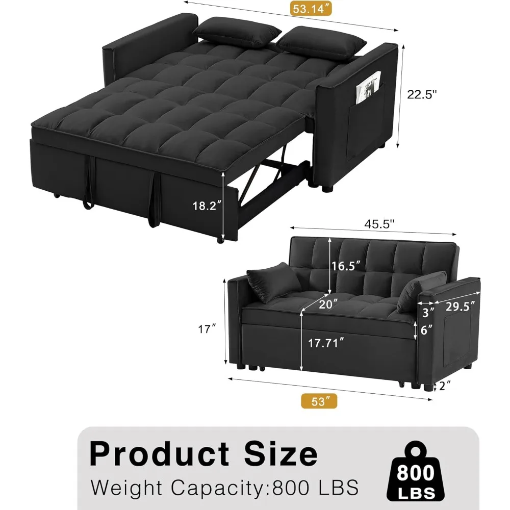 Convertible Sleeper Sofa Bed, Futon Couches for Living Room with Side Pocket Adjustable Backrest Velvet Fabric  Pull Out Couch