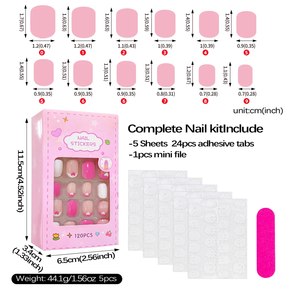 120Pcs Children French Tips Fake Nails Black Pink Love Flower Design Full Cover Press On Nail Short Round Kids' False Fingertips - view 6