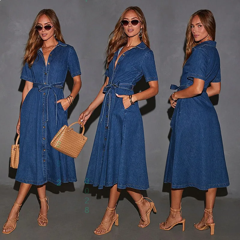 

Retro V Neck Tie Denim Dress Long Dress Fashion French Elegant Dresses Spring Summer