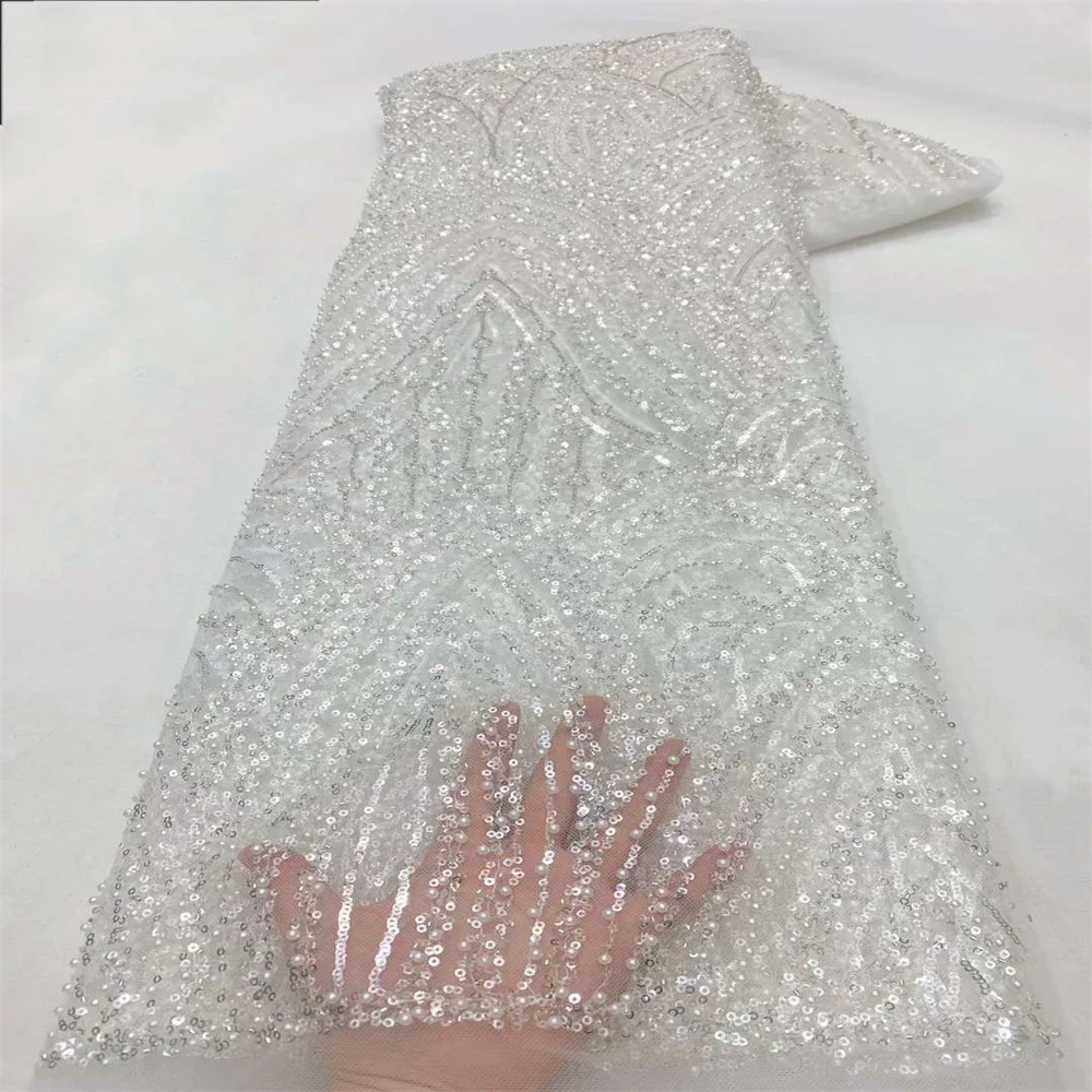 

Beaded French Tull Lace Fabric 2024 High Quality African Mesh Lace Fabric Sequined Lace Fabric Nigerian Wedding Dress Sewing