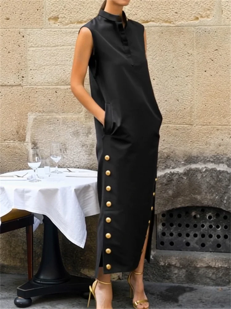 Yeezzi Damesmode Split-Side Dichtgeknoopt Opstaande Kraag Avondjurken 2023 Nieuwe Mouwloze Effen Kleur H-lijn Casual Shirts Jurk