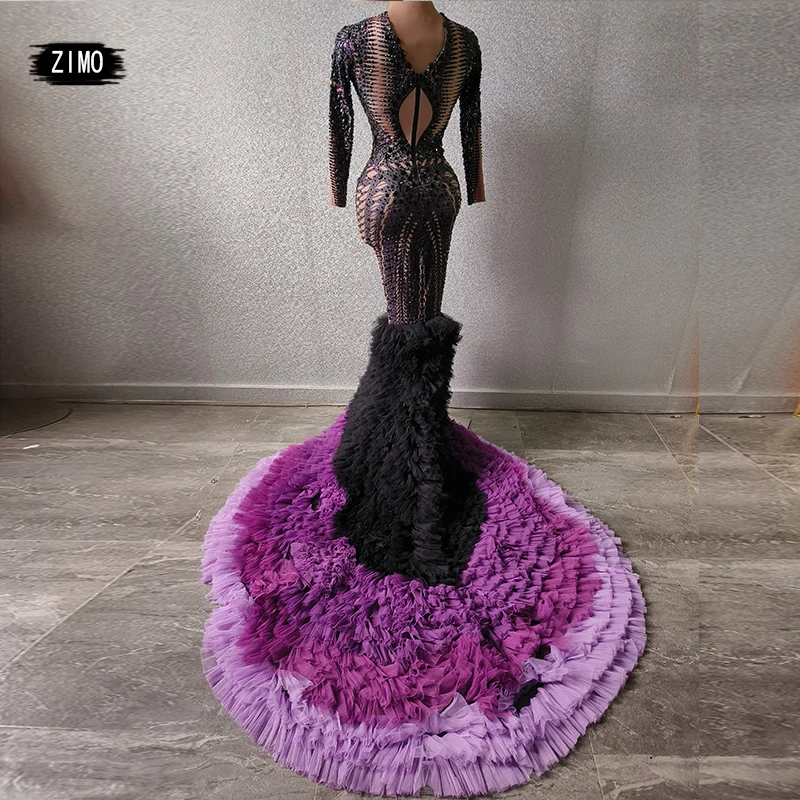 luxury Mermaid long dress rhinestones sexy black lace purple party birthday outfits Wedding Evening Celebrate drag queen costume