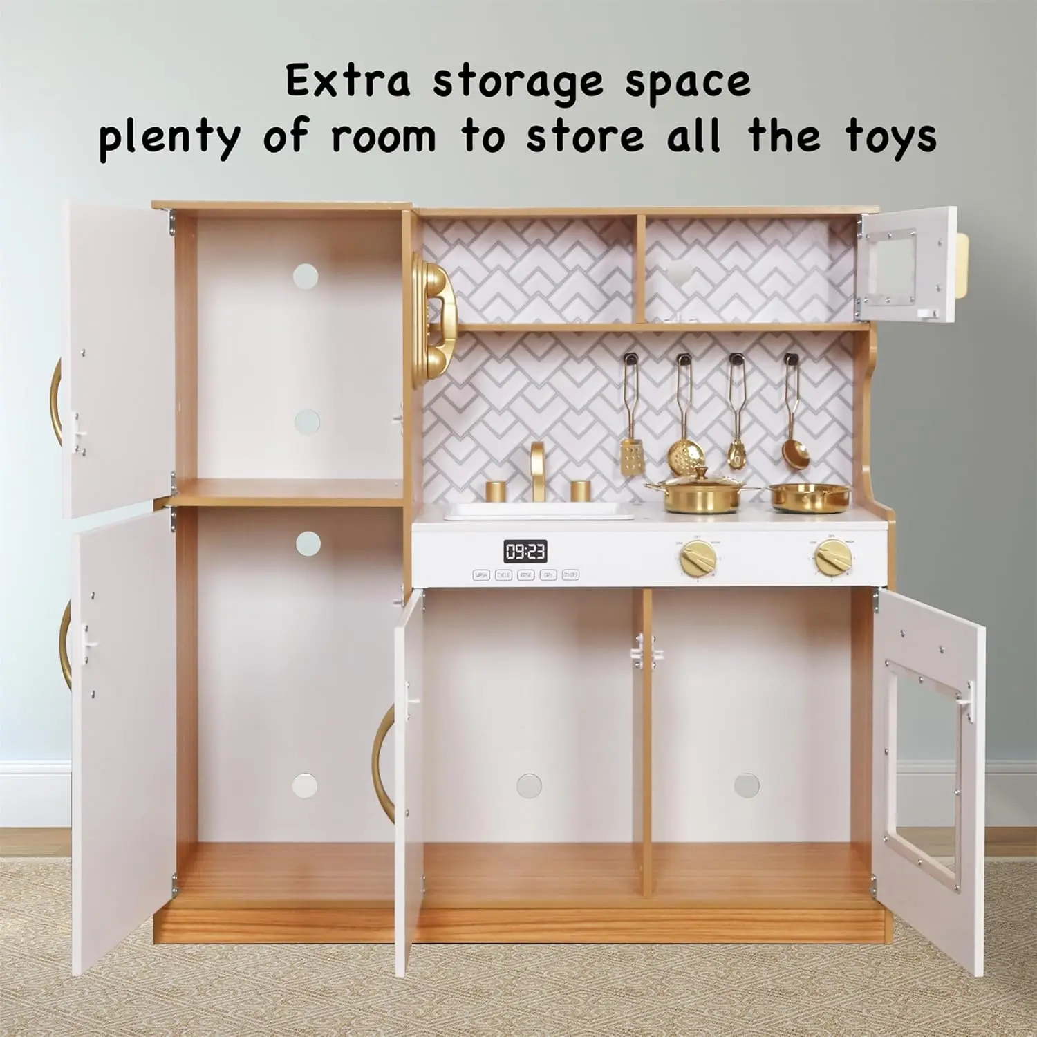 Wooden Play Kitchen Toy Set with Light, Kids Children Pretend Toy Kitchen Playset, Sink Play Toy Oven with Microwave,Toddler Coo