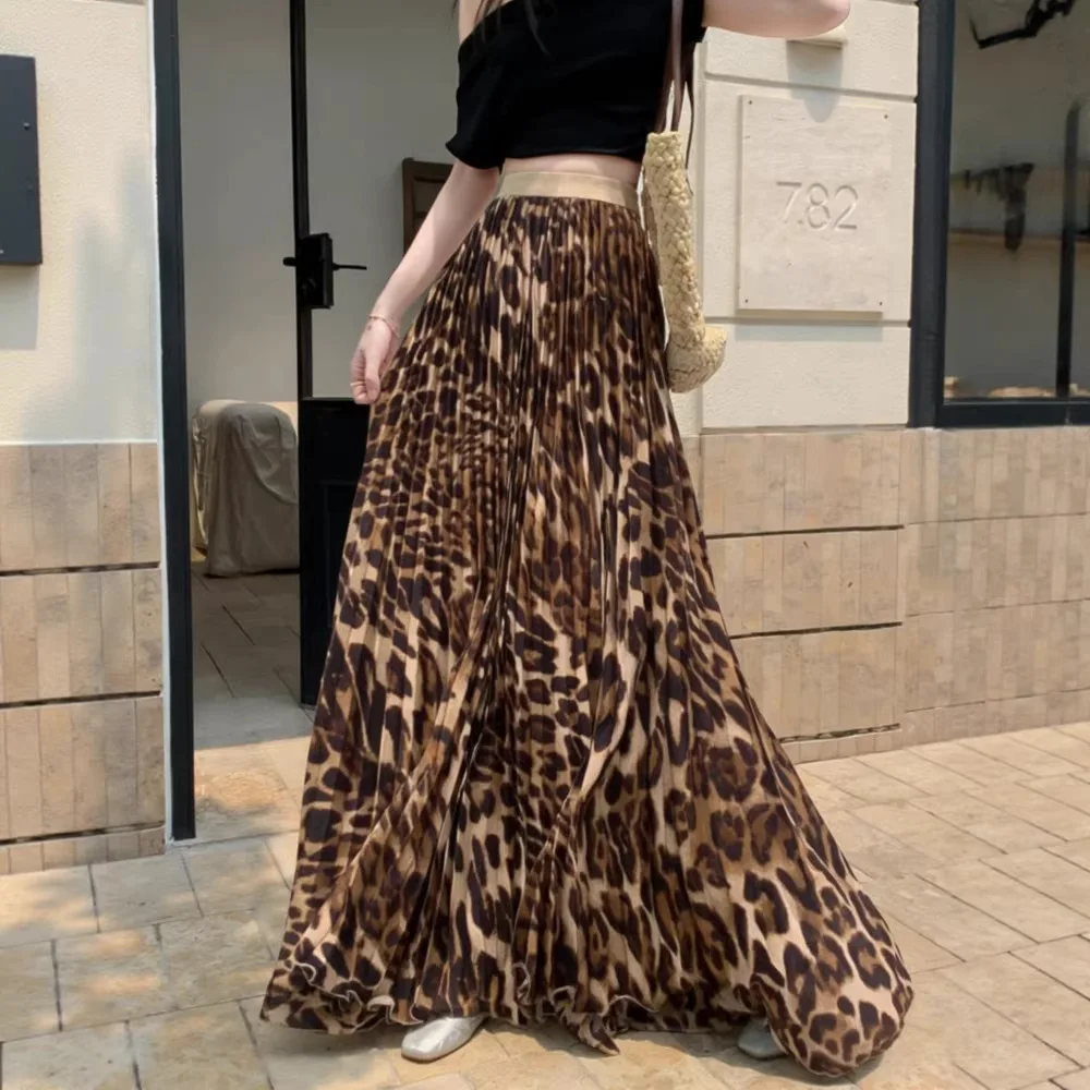 

Женские плиссированные юбки Seoulish с высокой талией, винтажные, с леопардовым принтом, прямые, длинные, летние, 2026 года, новинка