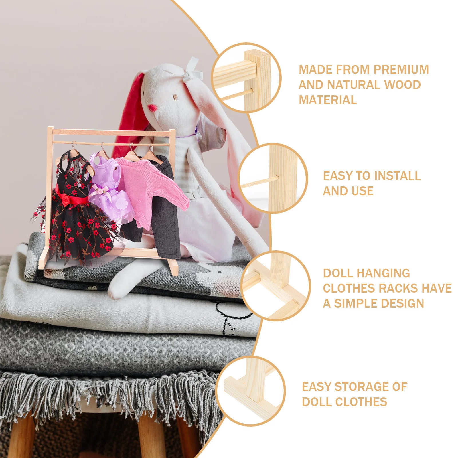 

1Pcs Mini Wooden Two-Layer Hanging Rack Premium Natural Wood Clothes Organizer Closet Shelf for Room Kids Gift