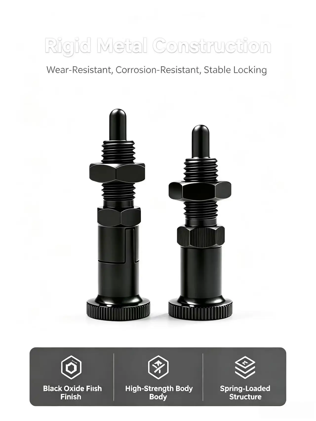 Self‑Locking Knob Plunger Carbon Steel Black Oxide Spring‑Loaded Indexing Locating Pin With Lock Nut view 2