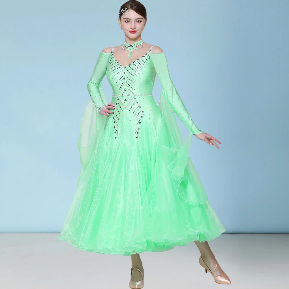 Spettacolo di cinturini da flamenco Abito da donna con perle per nuove feste a maniche lunghe da ballo da sala Abito da competizione con cinturino verde fagiolo Elegante abito rosa