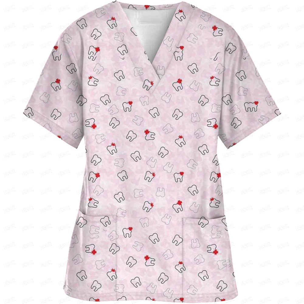 Women Nurse Uniform Cartoon 3d Print V-Neck Pocket Medical Uniforms Cartoon nurse Nursing Scrubs Tops Uniforme enfermera Kawaii