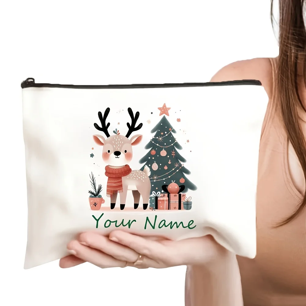 Personalized Name Christmas Reindeer Cosmetic Pouch Xmas Tree Custom Print Women Travel Makeup Storage Zipper Bag Holiday Gift
